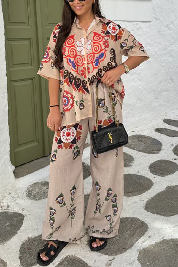 Fiji Ethnic Unique Printed Casual Shirt and Elastic Waist Wide Leg Pants Set