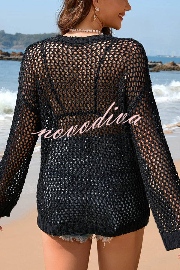 Solid Color Round Neck Long Sleeve Heart Knitted Beach Cover Up