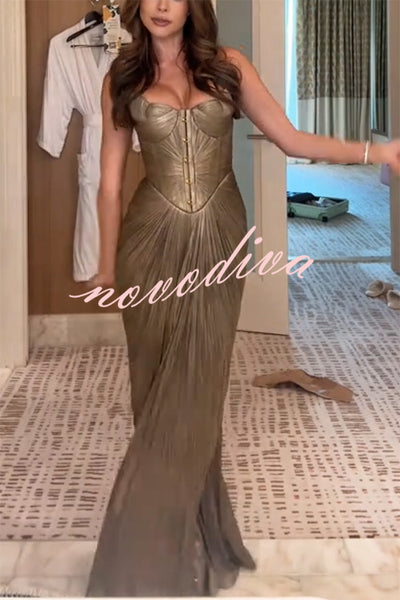 Vegas Queen Metallic Pleated Sculpted Bodice Back Lace-up Drape Maxi Dress