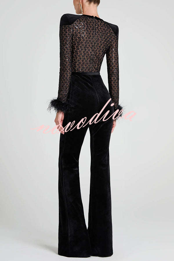 Monique Fish Scale Lace Sequin Velvet Patchwork Feather Trim Belted Stretch Flare Jumpsuit