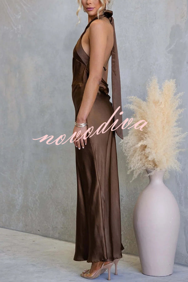 Satin Fashion Halter Backless Slim Elegant Maxi Dress