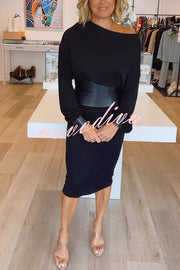 Winston Faux Leather Patchwork Wide Belt Design One Shoulder Stretch Midi Dress