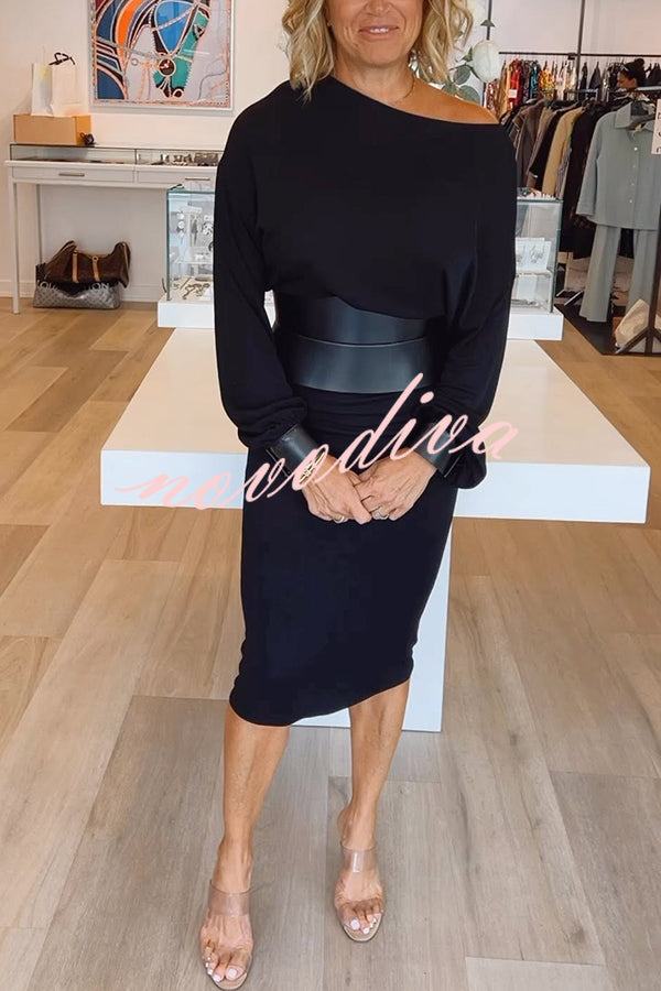 Winston Faux Leather Patchwork Wide Belt Design One Shoulder Stretch Midi Dress