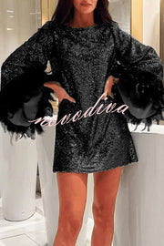 Solid Sequin Elegant Feather Long Sleeve Mini Dress