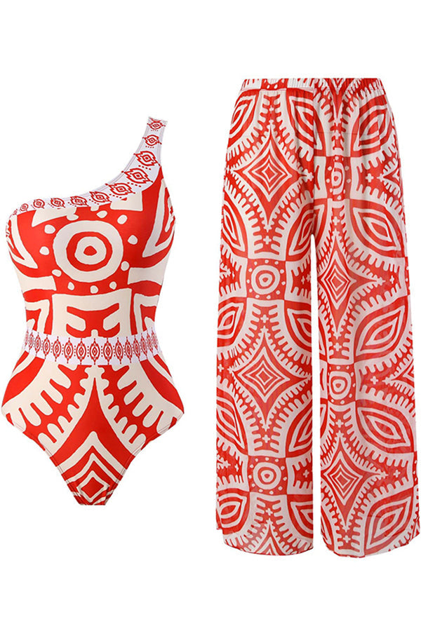 Unique Printed Swimsuit and Elastic Waist Pants Set