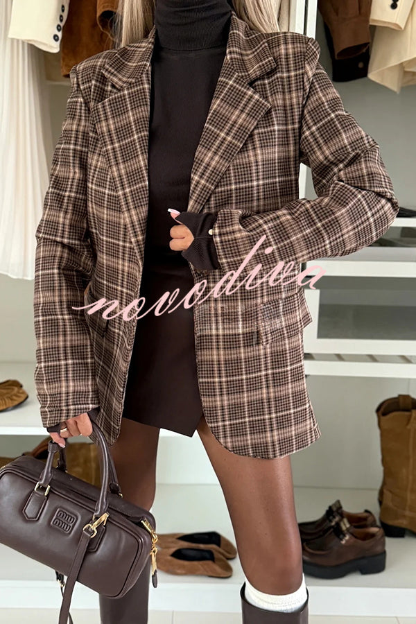 Classic Modern Plaid One Button Long Sleeve Flap Pocket Lapel Blazer