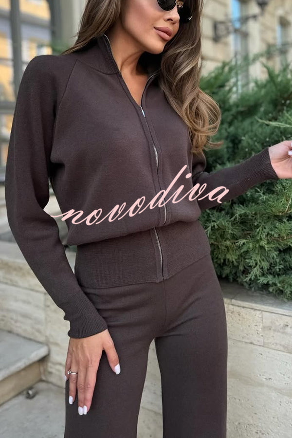 Cozycore Knit Zipper Long Sleeve Cardigan and Stretch Wide Leg Pants Set