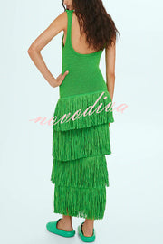 Solid Color Sleeveless Slim Fit Fringed Hem Knitted Midi Dress
