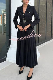 Solid Color Lapel Button Belt Blazer and Pleated Casual Maxi Skirt Set
