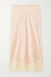 Celebration Look Contrast Color Satin Lace Trim Elastic Waist Drape Midi Skirt
