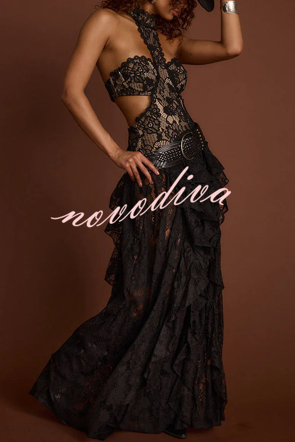 A Girls' Trip Lace High Neck Cutout Drop Waist Ruffles Maxi Dress