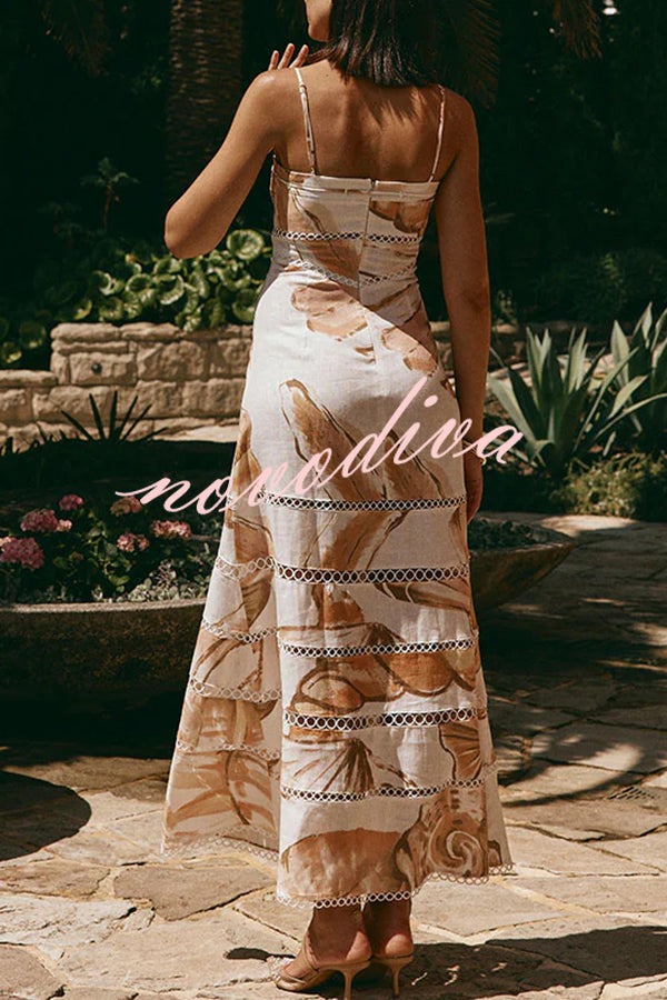 Daje Linen Blend Unique Print Round Hollow Trim Tie-up Bust Slip Maxi Dress