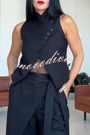 Urban Charm High Stand-up Collar Oblique Buckle Design Sleeveless Vest