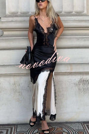 Soft and Romantic Satin Lace Trim Colorblock V-neck Side Slit Maxi Dress