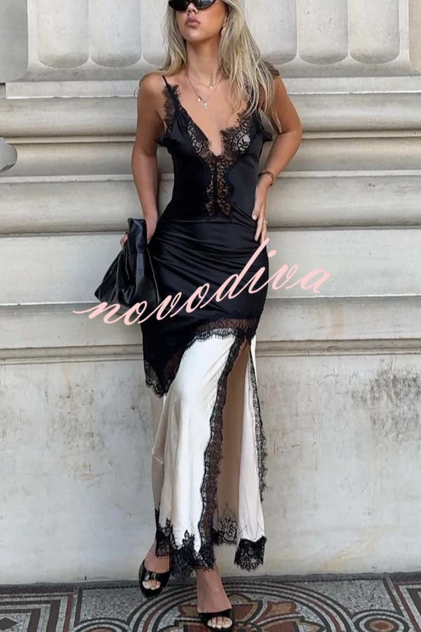 Soft and Romantic Satin Lace Trim Colorblock V-neck Side Slit Maxi Dress