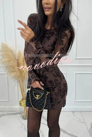 Deep and Dazzling Floral Texture Sequin Long Bell Sleeve Open Back Mini Dress