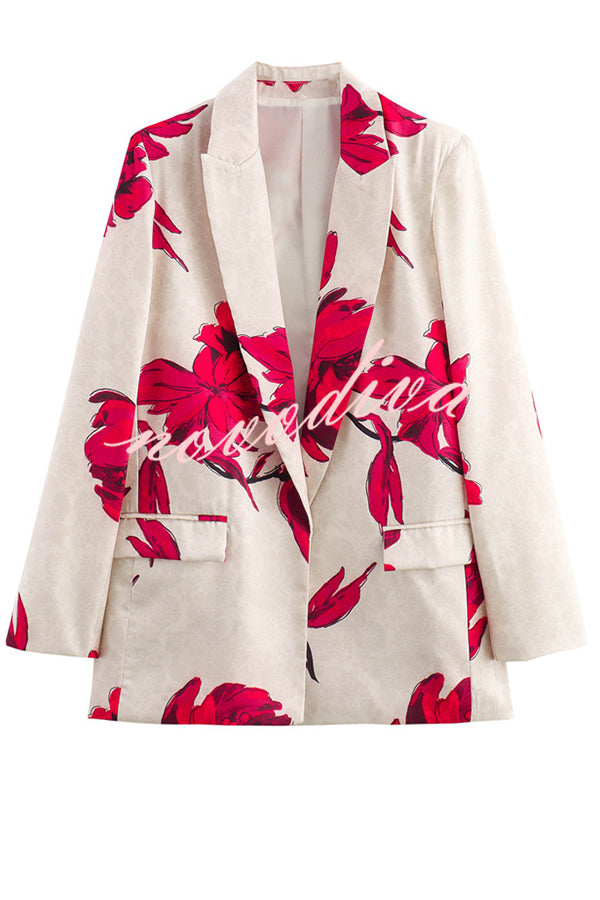 Special Attendance Satin Floral Print Long Sleeve Lapel Loose Blazer