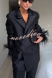 Chic Affair Satin Feather Trim Lapel Loose Blazer and High Rise Pocket Tapered Pants Set