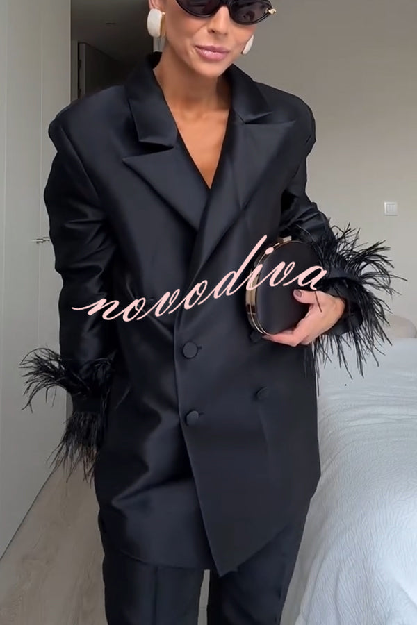 Chic Affair Satin Feather Trim Lapel Loose Blazer and High Rise Pocket Tapered Pants Set