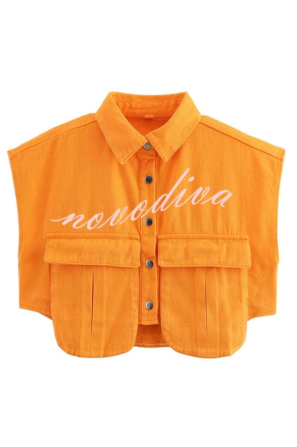 Stylish Weekend Denim Button Up Cape Sleeve Pocket Crop Top