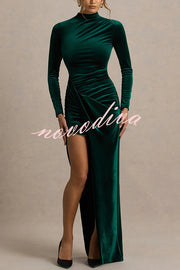 Wishes Velvet High Neck Long Sleeve Ruched Waist Wrap Slit Stretch Maxi Dress