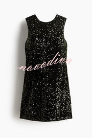 Glam Season Velvet Sequin Back Oversized Bow Design Sleeveless Loose Mini Dress