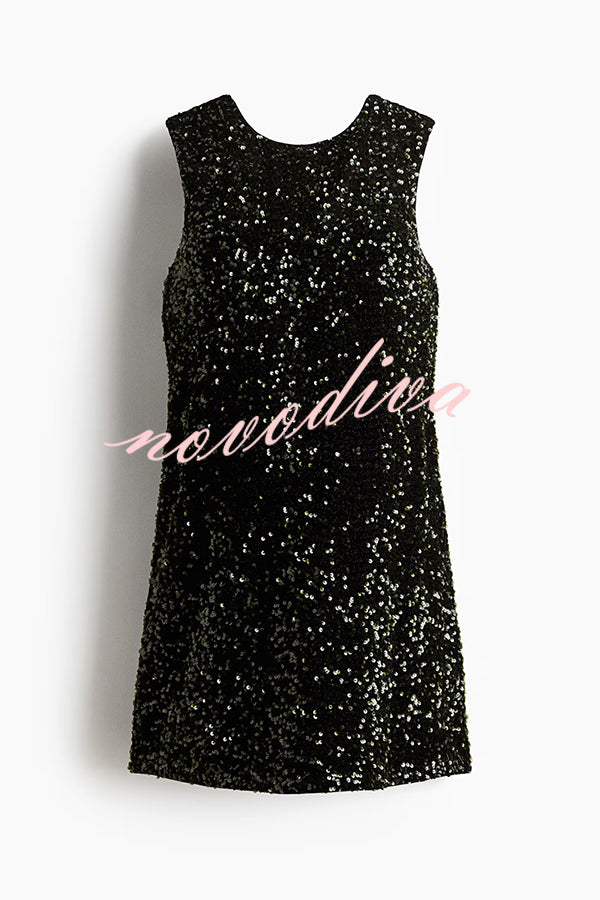 Glam Season Velvet Sequin Back Oversized Bow Design Sleeveless Loose Mini Dress