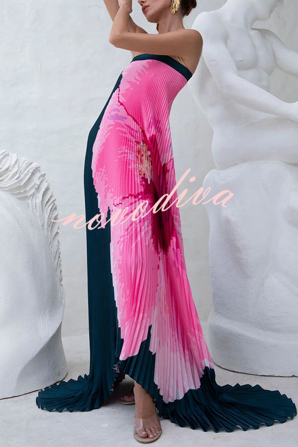 All about Her Pleated Floral Print Off Shoulder A-line Maxi Dress