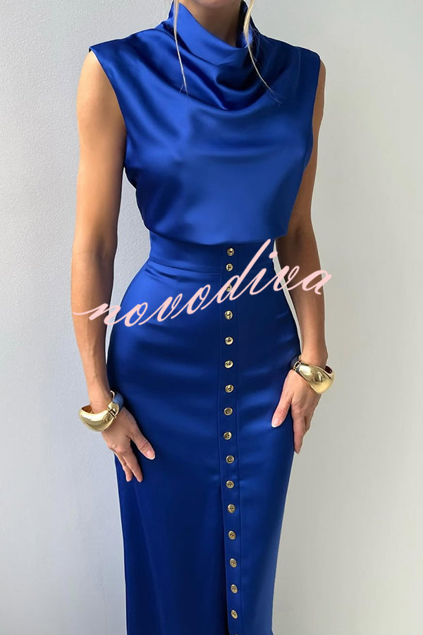 Solid Color Casual Sleeveless Crop Top and Elegant Button-down Maxi Skirt Set