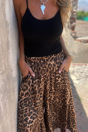 Leopard Print Elastic Waist Loose Pocket Wide Leg Pants