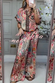 Unique Printed Loose Short-sleeved Top and Elastic Waist Casual Wide-leg Pants Set