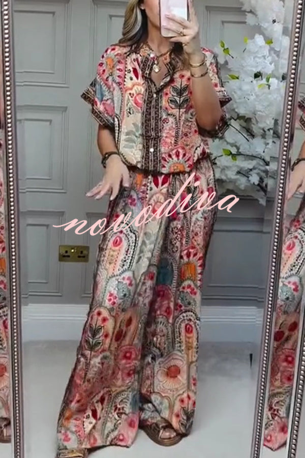 Unique Printed Loose Short-sleeved Top and Elastic Waist Casual Wide-leg Pants Set