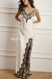 Elegant Splicing Lace Suspenders V-neck Sexy Slit Maxi Dress