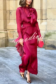 Lily Chiffon Bow Detail Puff Sleeve Blouse and Elegant Layered Maxi Skirt Set