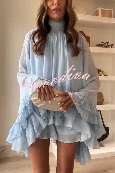 Solid Color Chiffon Trumpet Sleeve Loose Mini Dress