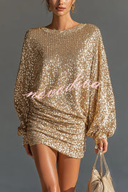 Glow Season Sequin Long Lantern Sleeve Ruched Hip Loose Mini Dress