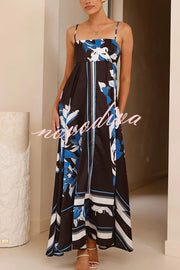 Botanical Print Square Neck Suspender Casual Full Hem Maxi Dress