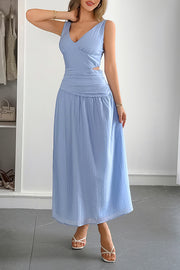 Solid Color V-neck Sleeveless Waist Hollow Out Maxi Dress