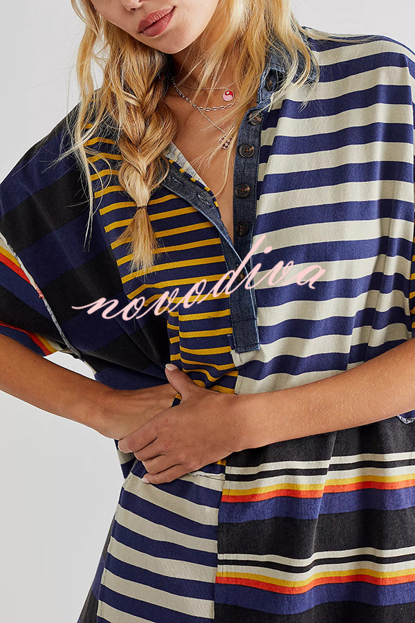 Contrast Striped Patchwork Denim Lapel Loose Casual Mini Dress