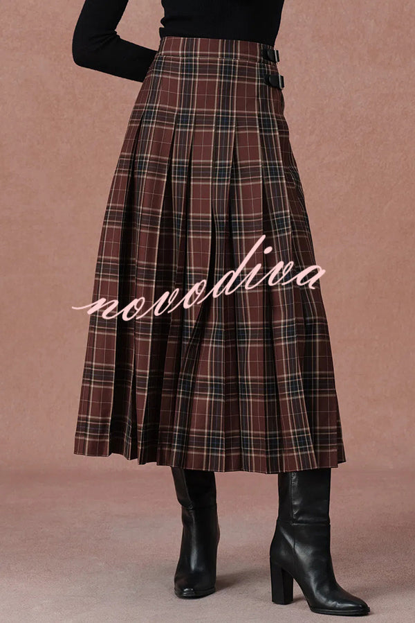 Yehudit Plaid Belt Buckle Design High Rise Pocket Midi Umbrella Skirt