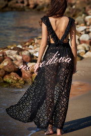 Swimsuit Partner Floral Lace Elastic Waist Back Ruffles Slit Vacation Dress