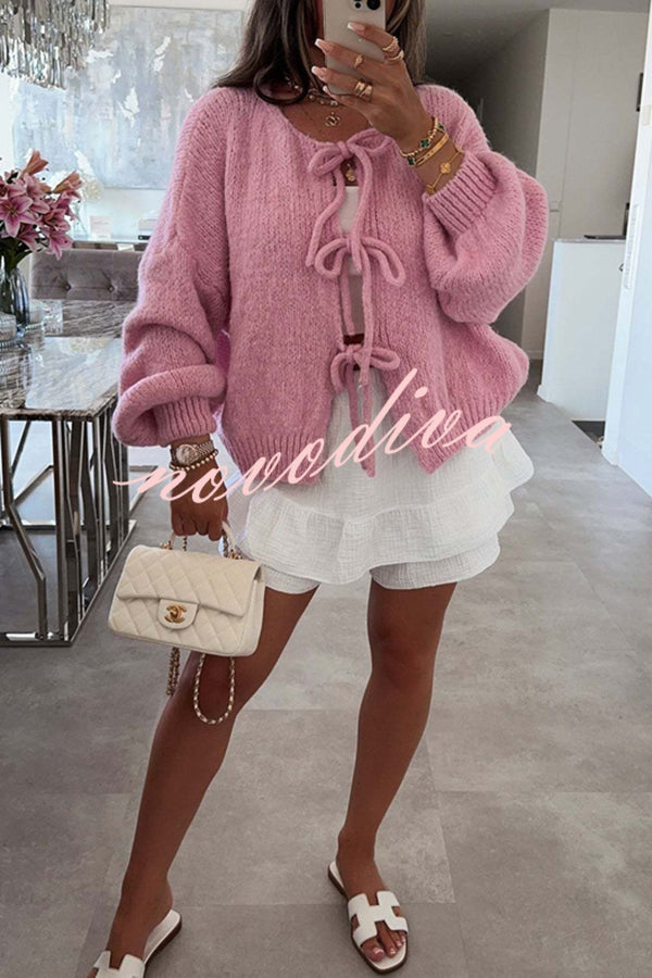 Solid Color Long-sleeved V-neck Lace-up Loose Knitted Sweater