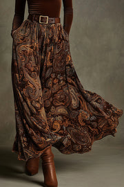 Stylish Velvet Long-sleeved Fitted Top and Unique Printed Casual Pocket Maxi Skirt Set