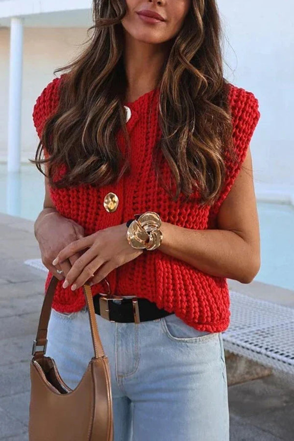 Solid Color Sleeveless Pocket Knitted Vest