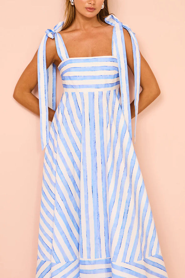 Treasured Times Stripe Print Tie-up Shoulder Pocketed A-line Maxi Dress