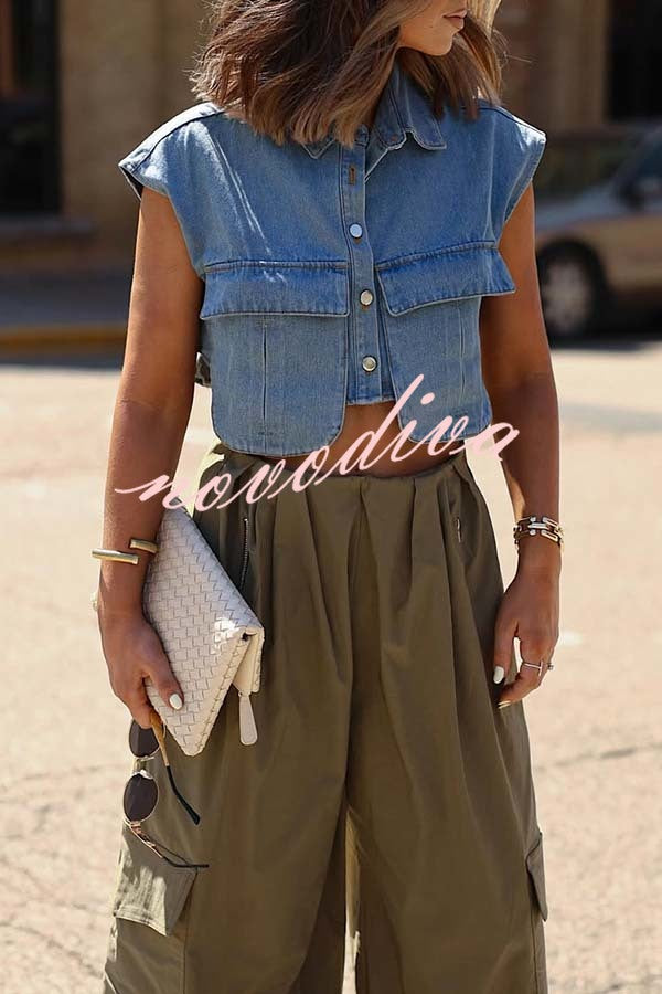 Stylish Weekend Denim Button Up Cape Sleeve Pocket Crop Top