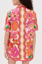Neima Unique Print Wave Trim Button Up Short Sleeve Shirt and Elastic Waist Pocket Loose Shorts Set