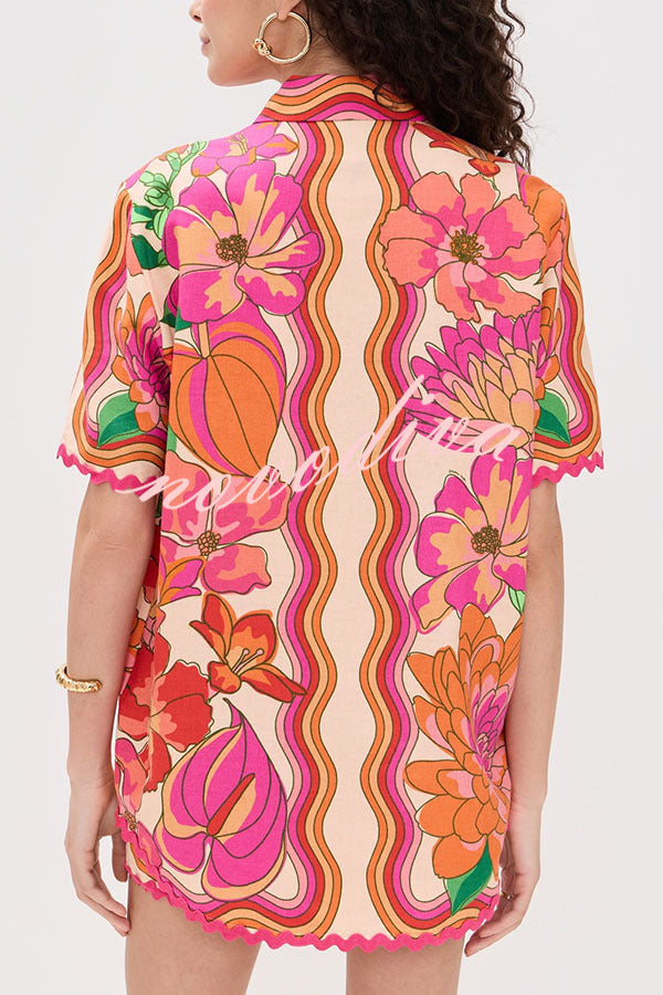 Neima Unique Print Wave Trim Button Up Short Sleeve Shirt and Elastic Waist Pocket Loose Shorts Set