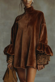 Fashionable Velvet Leopard Print Loose-fitting Turtleneck Long-sleeved Mini Dress