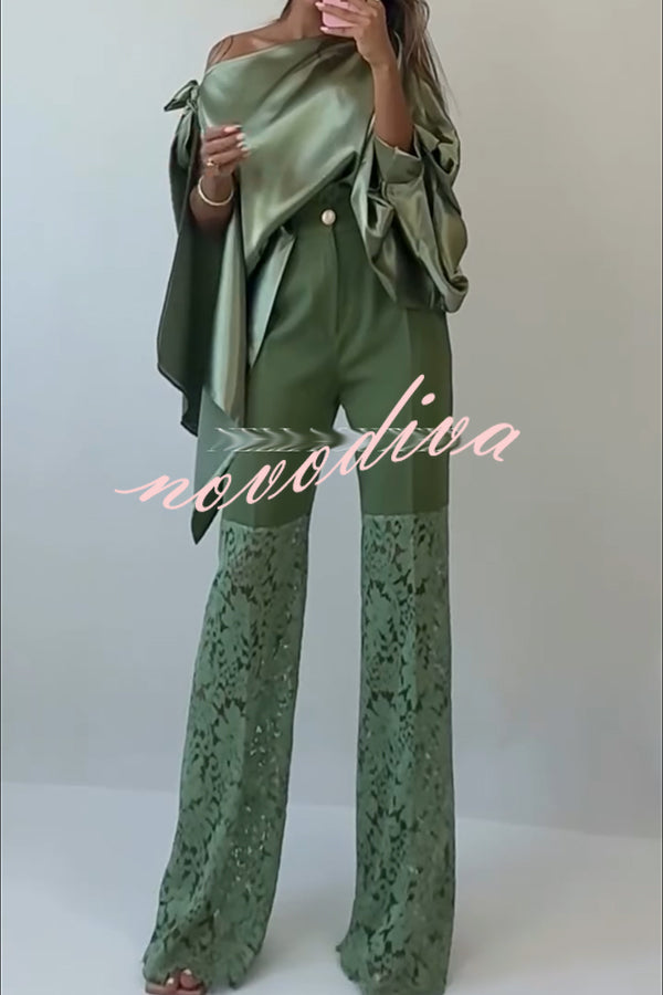 Chic Moment Satin Irregular Knot Slit Sleeve One Shoulder Loose Blouse